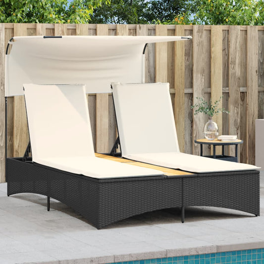 Double sun lounger with canopy and cushions in black poly rattan