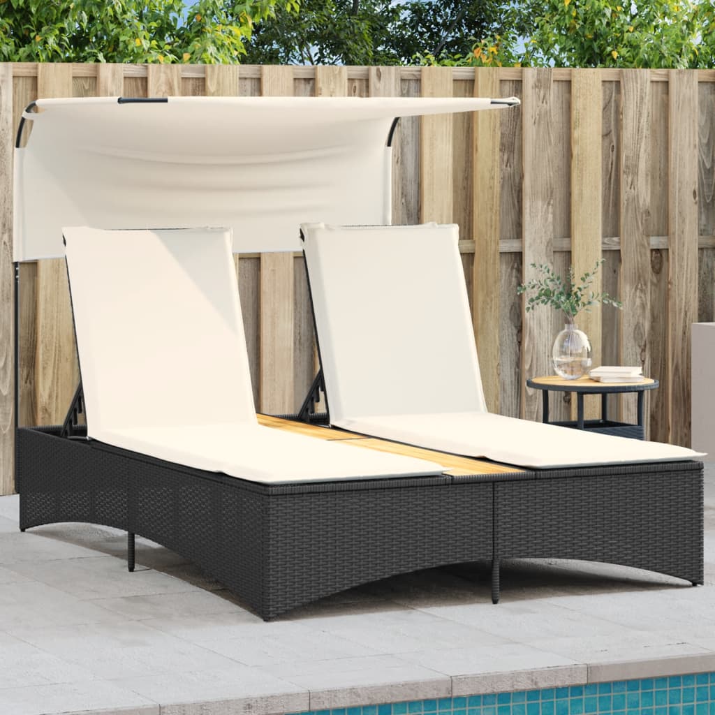 Double sun lounger with canopy and cushions in black poly rattan