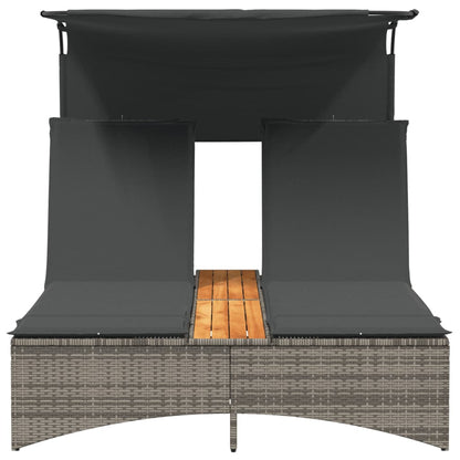 Double sun lounger with canopy and cushions in grey poly rattan