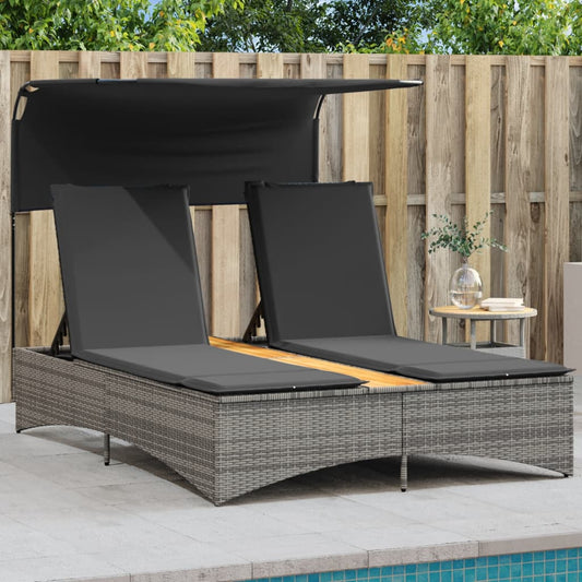 Double sun lounger with canopy and cushions in grey poly rattan