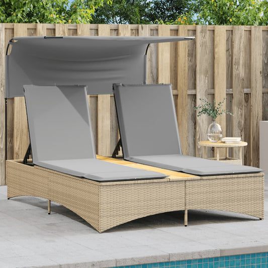 Double sun lounger with canopy/cushions in PE wicker, mixed beige