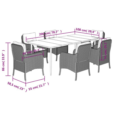 7 pcs conjunto jantar p/ jardim c/ almofadões vime PE castanho
