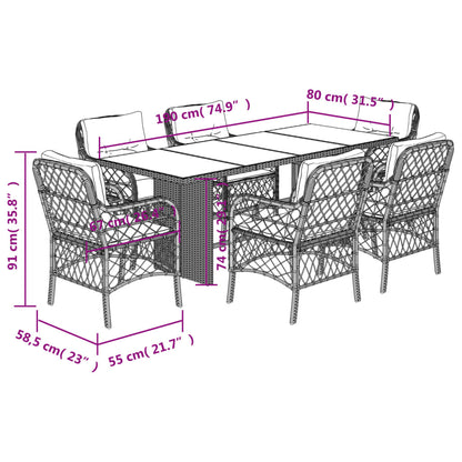 7 pcs conjunto jantar p/ jardim c/ almofadões vime PE castanho