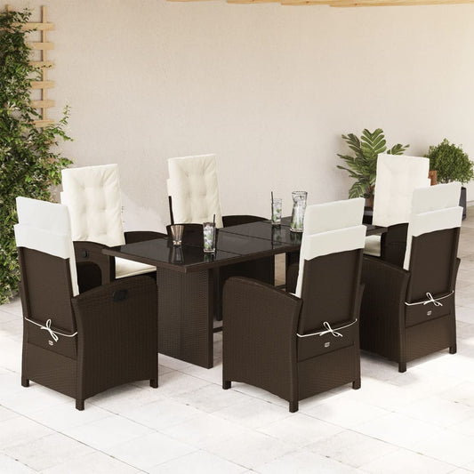 7 pcs conjunto jantar p/ jardim c/ almofadões vime PE castanho