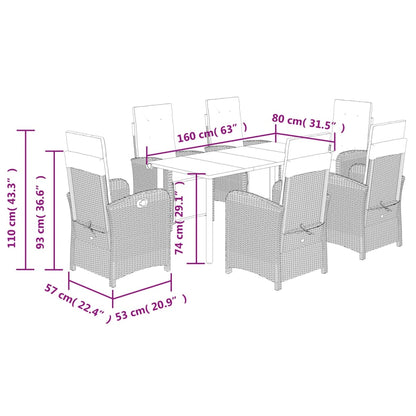 7 pcs conjunto jantar p/ jardim c/ almofadões vime PE castanho