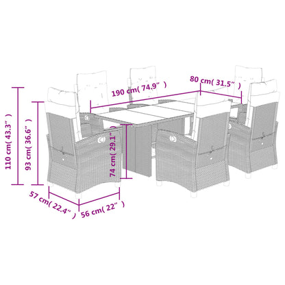 7 pcs conjunto jantar p/ jardim c/ almofadões vime PE castanho