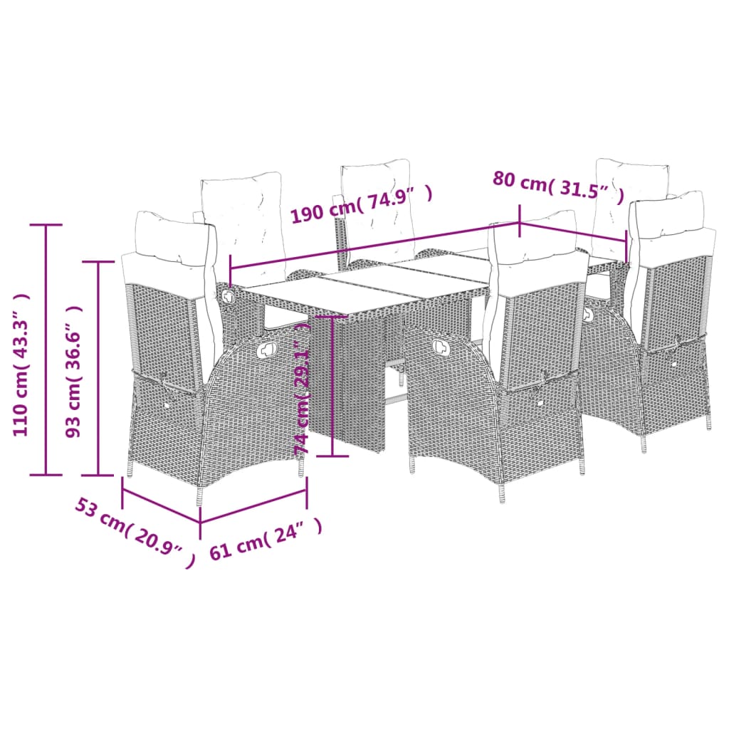7 pcs conjunto jantar p/ jardim c/ almofadões vime PE castanho