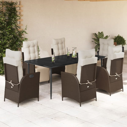 7 pcs conjunto jantar p/ jardim c/ almofadões vime PE castanho