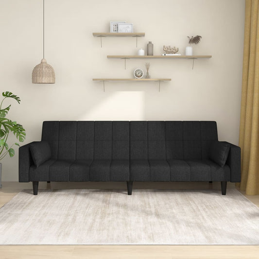 2-seater sofa bed with two black fabric cushions