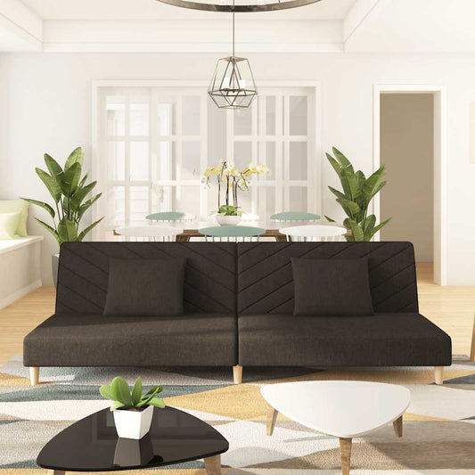 2-seater sofa bed with two brown fabric cushions