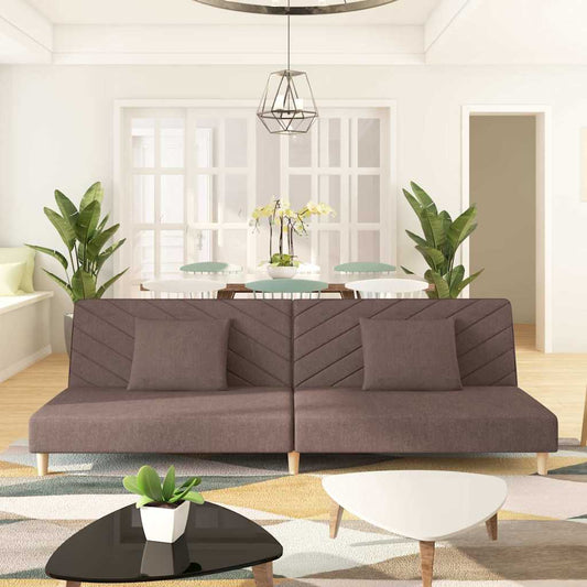 2-seater sofa bed with two cushions in grey-brown fabric