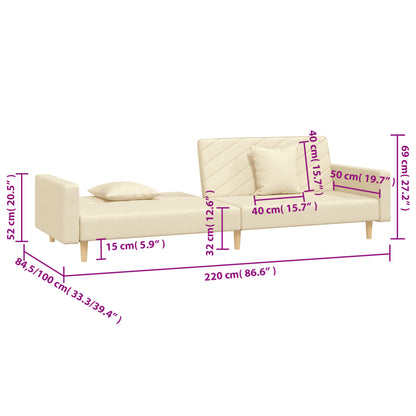 2-seater sofa bed with two cushions in cream-colored fabric