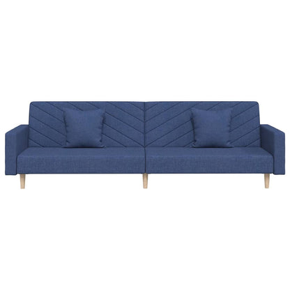 2-seater sofa bed with two blue fabric cushions