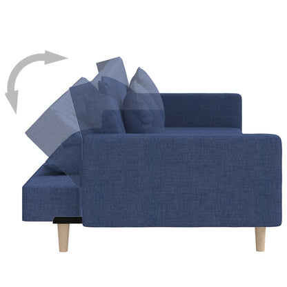 2-seater sofa bed with two blue fabric cushions