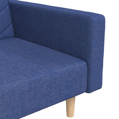 2-seater sofa bed with two blue fabric cushions