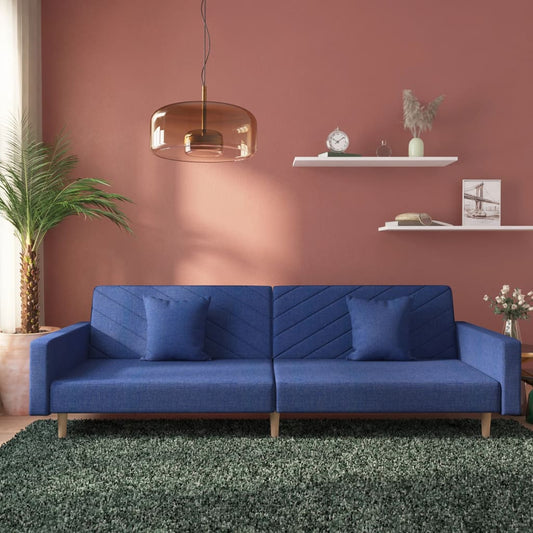 2-seater sofa bed with two blue fabric cushions