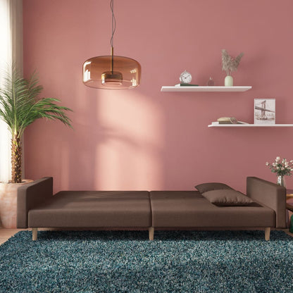 2-seater sofa bed with two cushions in grey-brown fabric