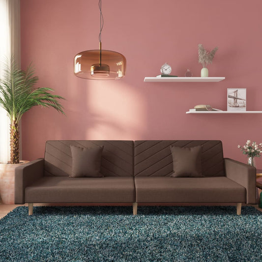 2-seater sofa bed with two cushions in grey-brown fabric