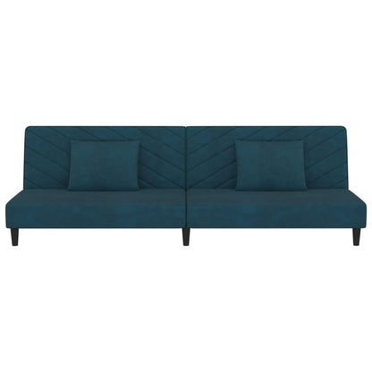 2-seater sofa bed with two blue velvet cushions