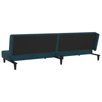 2-seater sofa bed with two blue velvet cushions