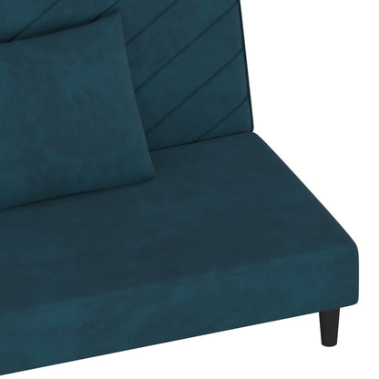 2-seater sofa bed with two blue velvet cushions