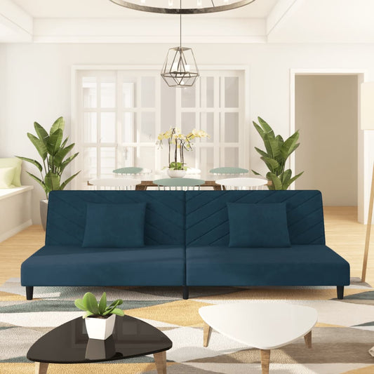 2-seater sofa bed with two blue velvet cushions