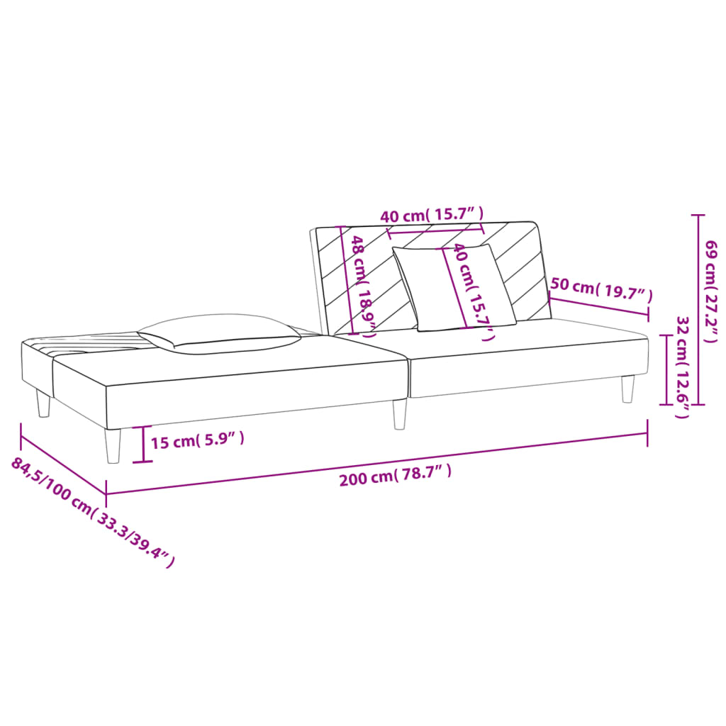 2-seater sofa bed with two light grey velvet cushions