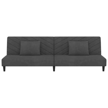 2-seater sofa bed with two dark grey velvet cushions