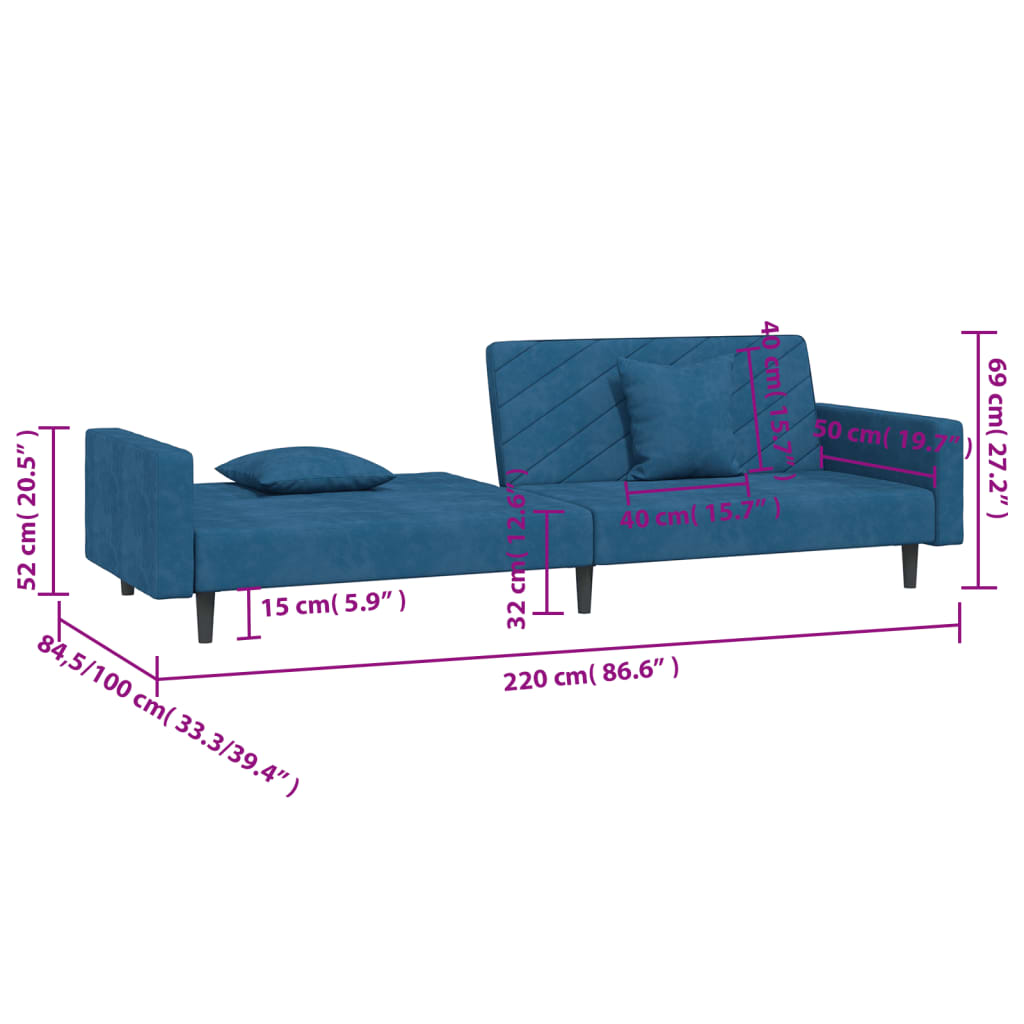 Sofá-cama 2 lugares com duas almofadas veludo azul