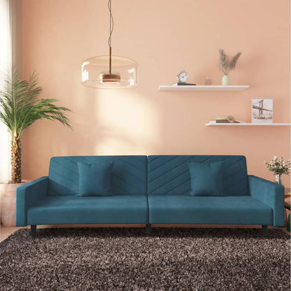 Sofá-cama 2 lugares com duas almofadas veludo azul