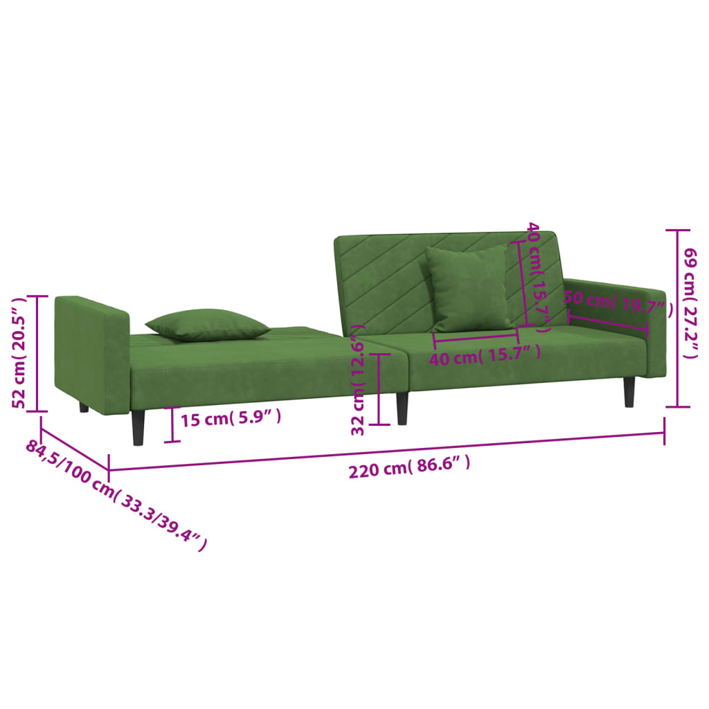 2-seater sofa bed with two dark green velvet cushions