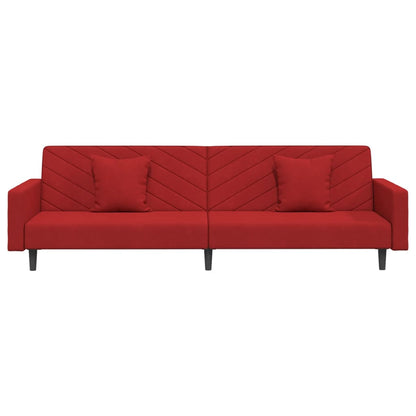 Sofá-cama 2 lugares com duas almofadas veludo vermelho tinto
