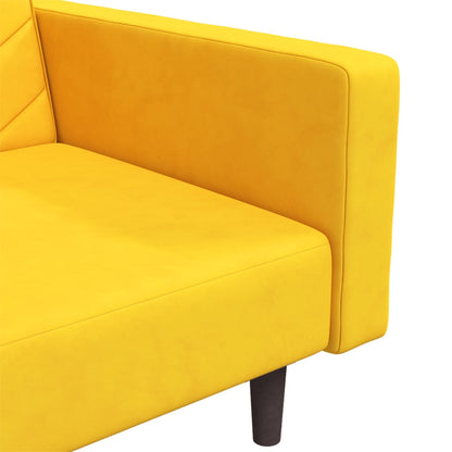 2-seater sofa bed with two yellow velvet cushions