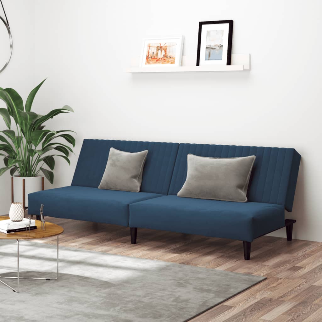 2-seater blue velvet sofa bed
