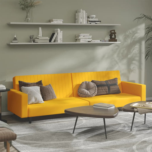 Yellow velvet 2-seater sofa bed