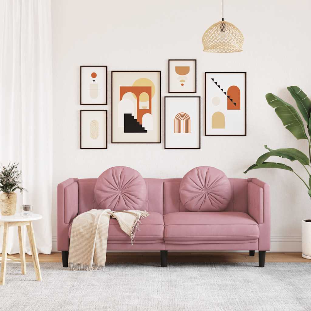 2-seater pink velvet sofa with cushions