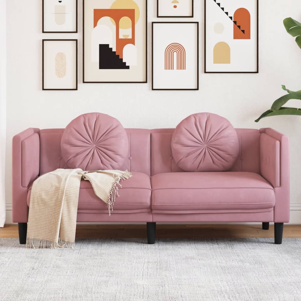 2-seater pink velvet sofa with cushions