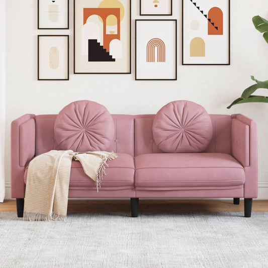 2-seater pink velvet sofa with cushions