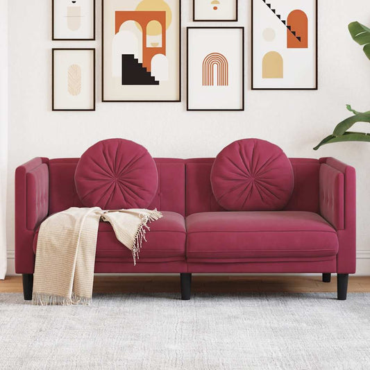2-seater red velvet sofa with cushions