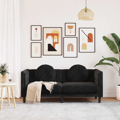 2-seater black velvet sofa with cushions