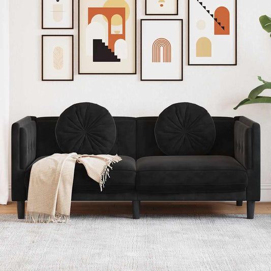 2-seater black velvet sofa with cushions