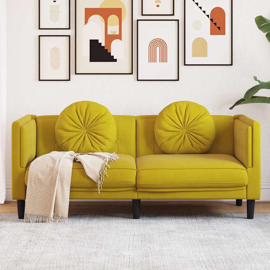 2-seater yellow velvet sofa with cushions