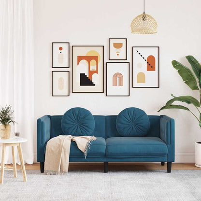 2-seater blue velvet sofa with cushions