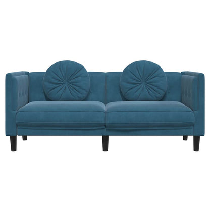 2-seater blue velvet sofa with cushions