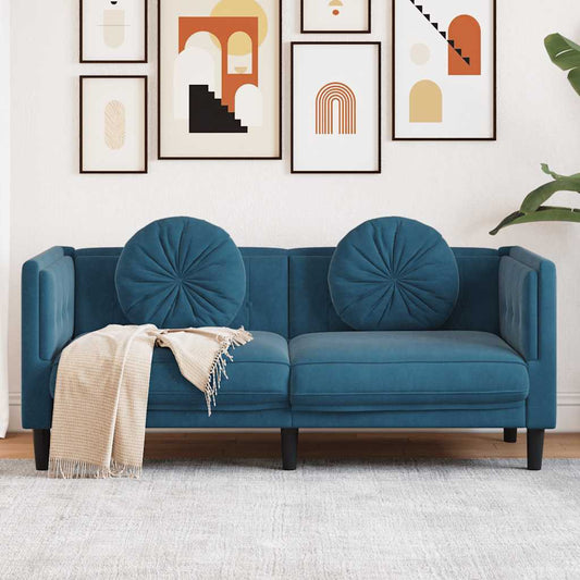 2-seater blue velvet sofa with cushions