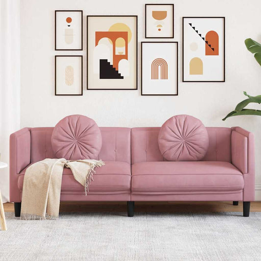 3-seater pink velvet sofa with cushions