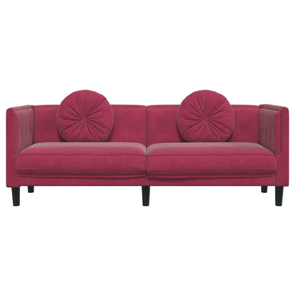 3-seater red velvet sofa with cushions
