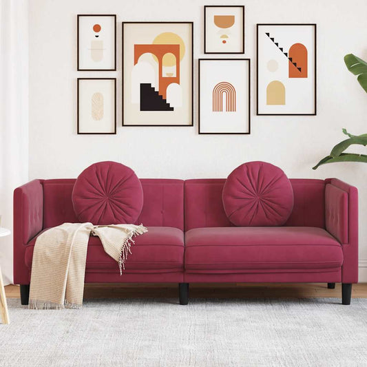 3-seater red velvet sofa with cushions