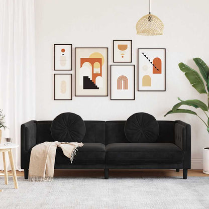 3-seater black velvet sofa with cushions