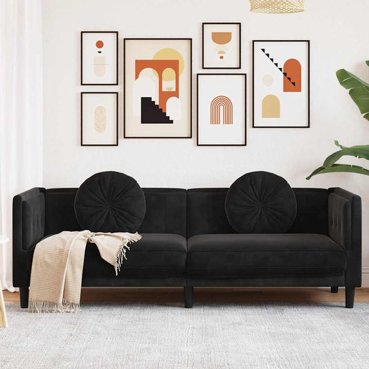 3-seater black velvet sofa with cushions